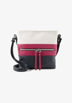 Compact crossbodytas met witte, rode en zwarte kleurvlakken, voorvak met ritssluiting en dubbele rode ritsuiteinden, en verstelbare zwarte schouderriem.