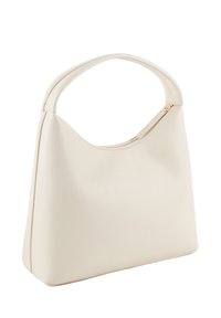 Kremowa torba na ramię o gładkiej, sztucznej skórze, zaokrąglonym kształcie i zamknięciu na zamek błyskawiczny. Posiada jeden, zaokrąglony uchwyt.