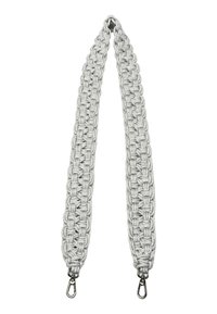 Grijze geweven band met een textuurpatroon, afgewerkt met metalen clips aan beide uiteinden voor bevestiging. Geschikt voor tassen of accessoires.