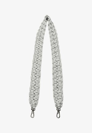 Grijze geweven band met een textuurpatroon, afgewerkt met metalen clips aan beide uiteinden voor bevestiging. Geschikt voor tassen of accessoires.