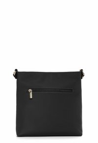 Black, rectangular handbag made of smooth material, featuring a front zip pocket and a detachable shoulder strap.