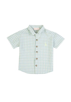 Camicia a maniche corte, a quadretti azzurri chiari e bianchi, con colletto e piccolo ricamo di una giraffa sul lato sinistro anteriore.