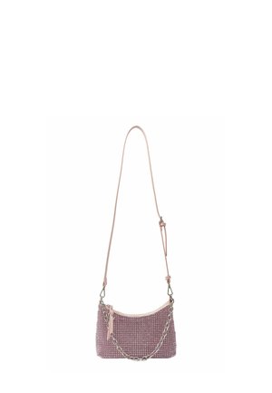 Pink woven handbag with a chain strap, smooth leather accents, zipper closure, and textured body featuring a grid pattern.