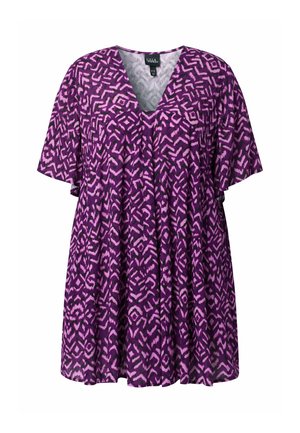 Lila-schwarz gemusterte Bluse mit kurzen Flatterärmeln und V-Ausschnitt, locker sitzend und mit gerafften Details vorne.