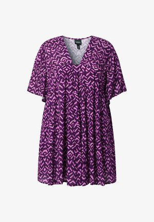 Lila-schwarz gemusterte Bluse mit kurzen Flatterärmeln und V-Ausschnitt, locker sitzend und mit gerafften Details vorne.