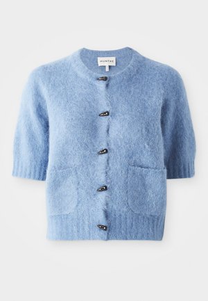 Blue short-sleeve cardigan made of soft, fluffy material. Features a round neckline, two front pockets, and black button accents.