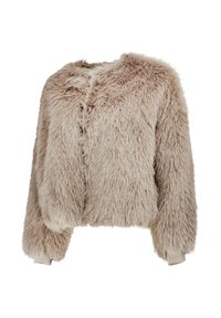 Giacca corta in ecopelliccia beige con una texture soffice, caratterizzata da scollatura rotonda, maniche lunghe e chiusura frontale con zip.