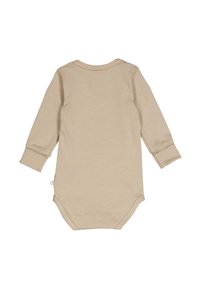 Dětský bodysuit s dlouhým rukávem v béžové barvě z bavlny, kulatý výstřih, patentky v oblasti rozkroku a manžetové rukávy. Měkká textura, jednoduchý design.