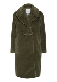 Dubbelknäppt olivgrönt fuskpälsjacka med slagkrage och två knappar, som har långa ärmar och en mjuk, texturerad yta.
