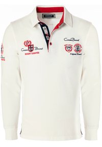 Hvid langærmet rugbytrøje med røde detaljer, broderede logoer på brystet og ærmerne, kontrastfarvet krave og knaplukning.