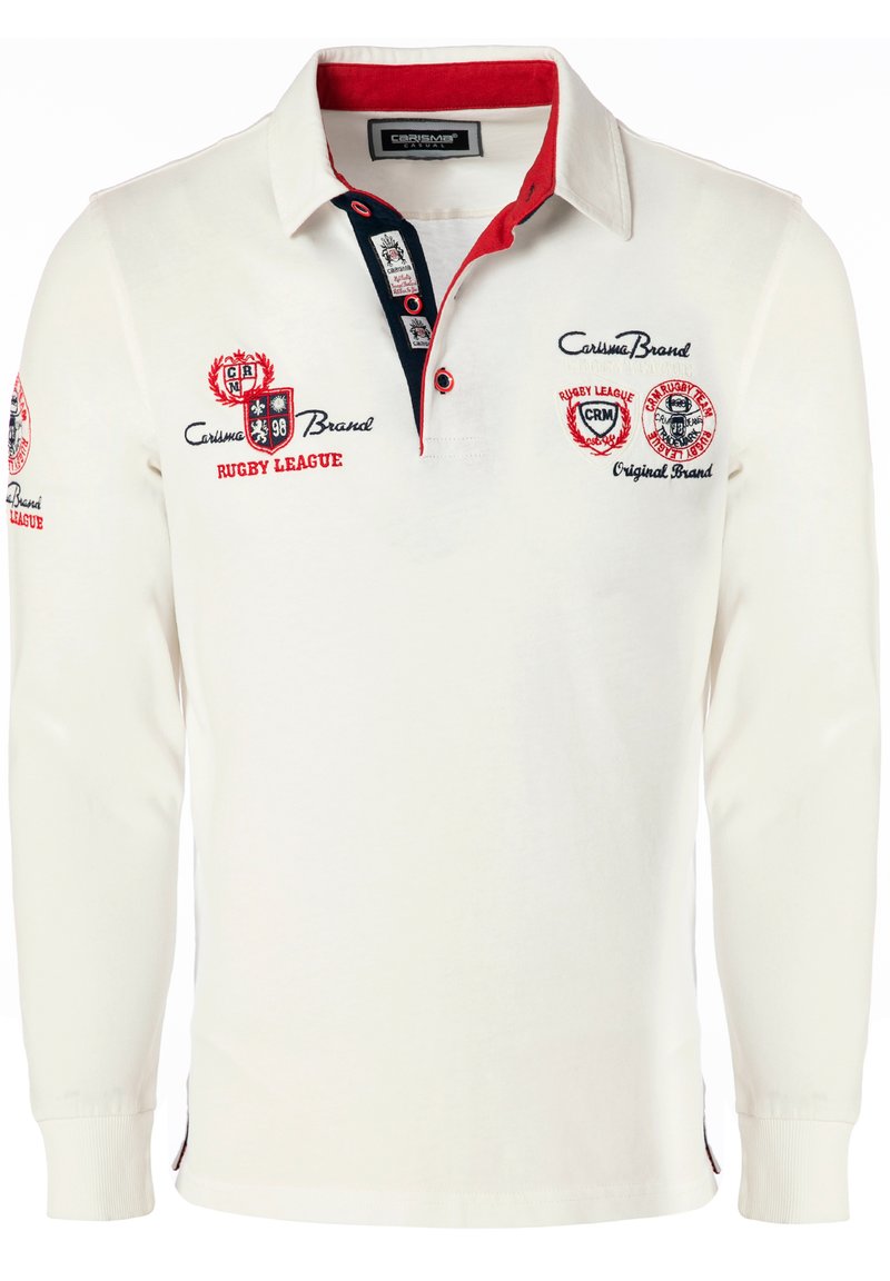Hvid langærmet rugbytrøje med røde detaljer, broderede logoer på brystet og ærmerne, kontrastfarvet krave og knaplukning.