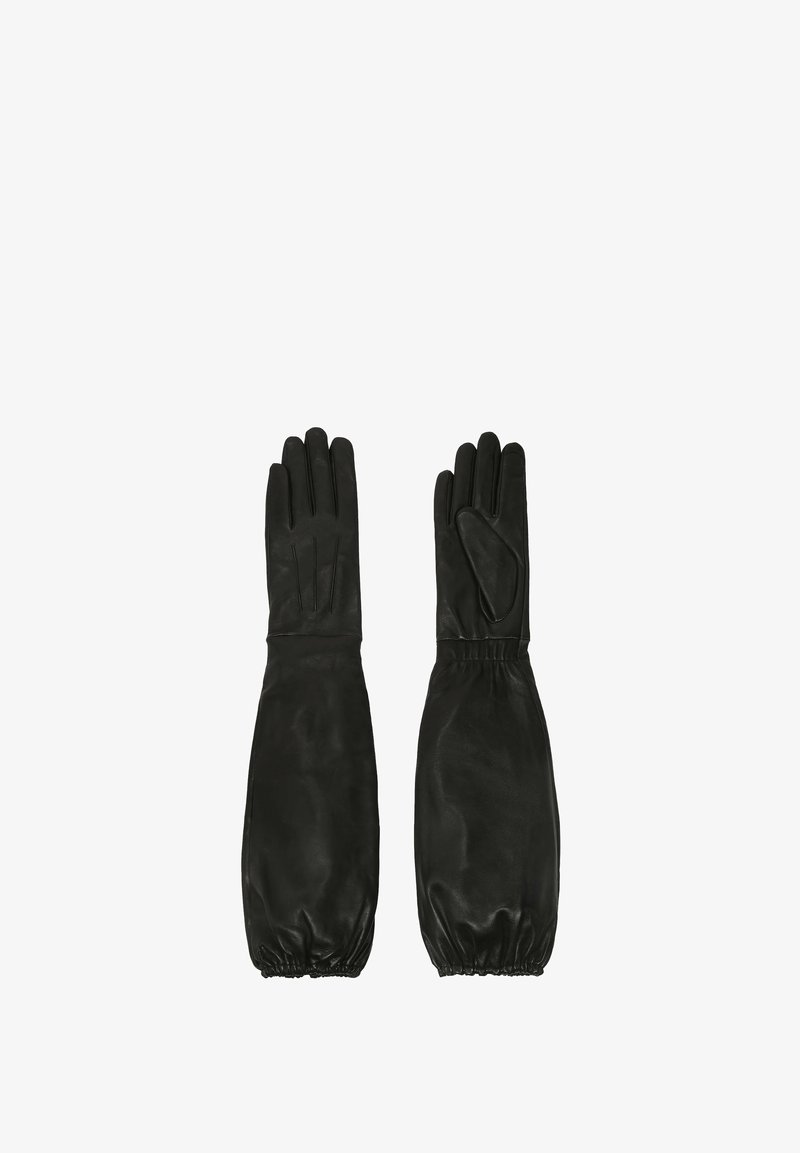 Guantes de cuero negro con una textura suave, puños largos y recogido elástico en la muñeca. Tienen cuatro dedos y un pulgar reforzado.