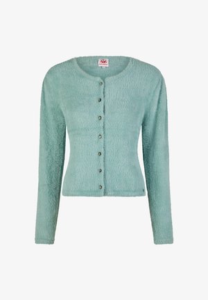 Hellblauer, flauschiger Langarm-Cardigan mit rundem Ausschnitt und sechs dekorativen Knöpfen vorne.