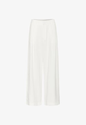 Pantalones de pierna ancha en tejido blanco con una textura suave, con pliegues frontales y una cintura ajustada para un aspecto estructurado.