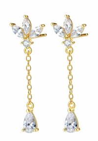 Ohrringe in Goldfarbe mit floralem Design, verziert mit klaren, in Marquise-Schliff geschliffenen Kristallen und tropfenförmigen Anhängern, die durch eine Kette verbunden sind.