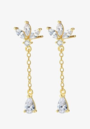 Goudkleurige oorbellen met een bloemmotief, versierd met heldere, marquise geslepen kristallen en druppelvormige hangers, verbonden door een ketting.