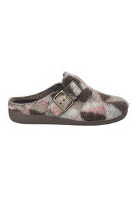 Uldeslippers med et brunt, pink og gråt marmoreret mønster. Har en spænde på siden og en tekstureret, brun gummisål.