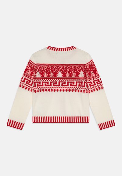 Cremfarbener Pullover mit rotem saisonalem Muster. Mit roten gestreiften Bündchen und Saum, sowie Bäumen und geometrischen Designs auf dem Rücken.