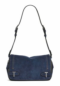 Borsa a spalla in tela blu navy con finitura texturizzata, dotata di chiusura con zip, tracolla in pelle nera e dettagli in metallo lucido.