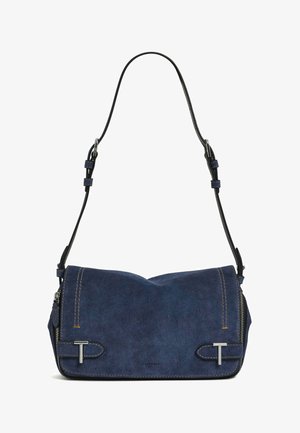 Borsa a spalla in tela blu navy con finitura texturizzata, dotata di chiusura con zip, tracolla in pelle nera e dettagli in metallo lucido.