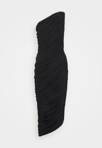 Sort midikjole med ét skulderstrop, rynket, asymmetrisk kant, tætsiddende pasform og detaljer med samlet stof.