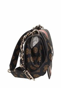 Borsa a tracolla in pelle nera con un motivo a logo dorato, forma strutturata, tracolla in catena e tessuto, con chiusura a zip e tasca interna.