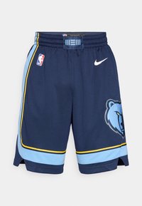 Calções de basquete da NBA em azul-marinho e azul claro. Apresenta um logotipo de urso, riscas laterais e a marca Nike. Feitos de tecido em malha respirável.