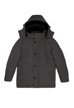 Temno siva toplotna parka z kapuco, ki se zapira s gumbi, ima štiri velike žepke in mehak notranji podložek.