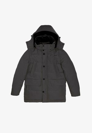 Temno siva toplotna parka z kapuco, ki se zapira s gumbi, ima štiri velike žepke in mehak notranji podložek.