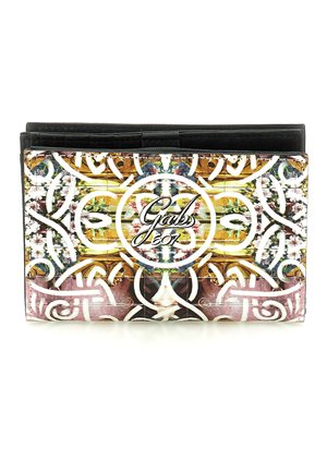 Portafoglio compatto con motivo astratto colorato, disegni a spirale bianchi e logo "Gabs 707" al centro del pannello frontale.