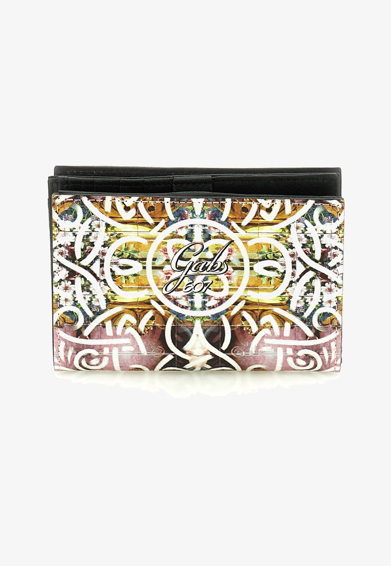 Portafoglio compatto con motivo astratto colorato, disegni a spirale bianchi e logo "Gabs 707" al centro del pannello frontale.