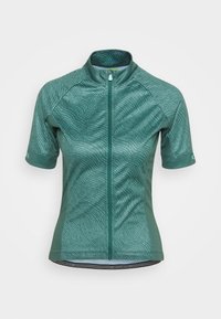 Kortärmad cykeltröja i teal med ett vågmönster, med full dragkedja, raglanärmar och en kontrasterande accent vid ärmsluten.