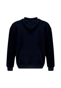 Sweat à capuche noir marine avec une surface texturée, des poignets côtelés et une coupe ample. Le dos présente un col arrondi et des détails minimalistes.