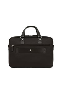 Zwarte stoffen laptoptas met leren accenten, dubbele handgrepen, rits aan de bovenkant en een voorvak met rits. Heeft een gladde, gestructureerde oppervlakte.