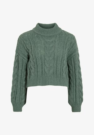 Maglione verde a coste con colletto alto, polsini a coste e motivo testurizzato su tutta la superficie. Realizzato in morbido filato spesso.