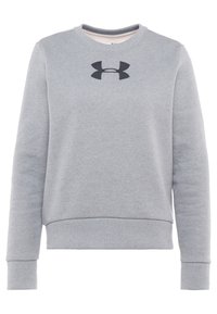 Grijze trui van zachte stof met een ronde halslijn, lange mouwen, geribbelde manchetten en een zwart logo op de borst.