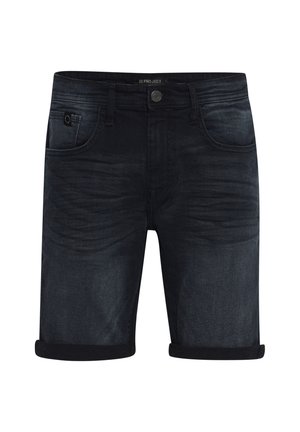 Dark denim shorts with a straight cut, featuring rolled hems, a front pocket, and fading details on the legs.