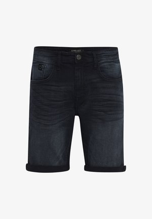 Dark denim shorts with a straight cut, featuring rolled hems, a front pocket, and fading details on the legs.