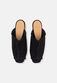Încălțăminte slip-on negre cu spate deschis, având margini destramate, o parte superioară dintr-un material moale și o talpă interioară bej. Proiectate cu o formă lejeră și confortabilă.