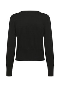 Zwarte lange mouwen trui met een ronde halslijn, getailleerde taille en een geweven textuur. Geen zichtbare patronen of versieringen.