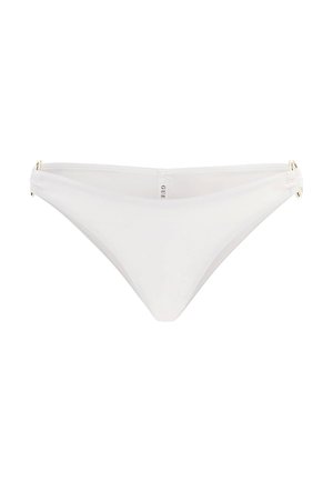 White bikini bottom featuring a smooth, stretchy fabric with gold-tone hardware accents at the sides and minimalistic design.