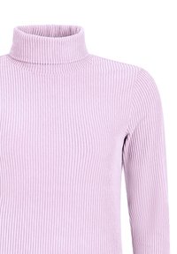 Pull en col roulé à côtes de couleur violet clair avec des manches longues. Texture douce et coupe ajustée. Motif rayé vertical prononcé sur l'ensemble.