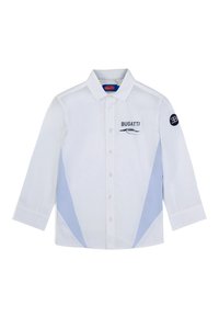 Camicia bianca a maniche lunghe con accenti laterali azzurri, logo Bugatti, chiusura con bottoni e colletto strutturato. Realizzata in tessuto morbido.