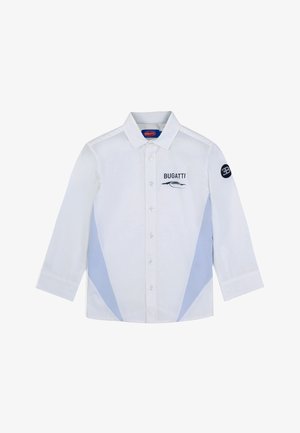 Camicia bianca a maniche lunghe con accenti laterali azzurri, logo Bugatti, chiusura con bottoni e colletto strutturato. Realizzata in tessuto morbido.