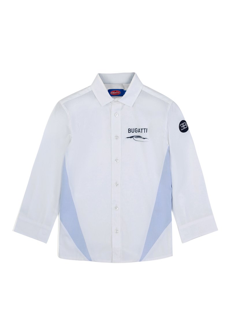 Camicia bianca a maniche lunghe con accenti laterali azzurri, logo Bugatti, chiusura con bottoni e colletto strutturato. Realizzata in tessuto morbido.