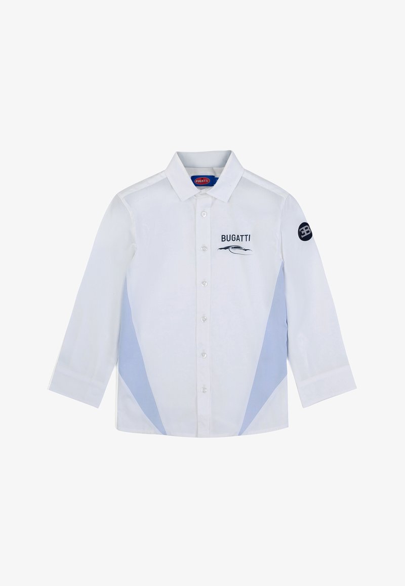 Camicia bianca a maniche lunghe con accenti laterali azzurri, logo Bugatti, chiusura con bottoni e colletto strutturato. Realizzata in tessuto morbido.