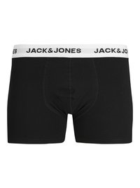 Boxer neri con fascia elastica bianca che presenta il testo "JACK & JONES" in nero. Tessuto liscio, design aderente, gambe di lunghezza media.