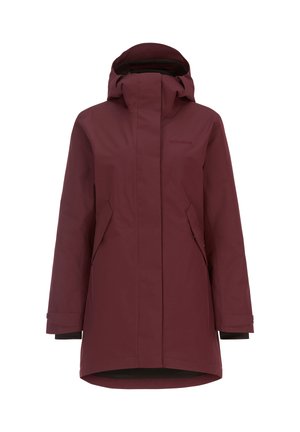 Bordeauxfarbene wasserdichte Jacke mit einem Reißverschluss vorne, verstellbarer Kapuze und zwei Seitentaschen. Sie hat einen mittellangen Schnitt und elastische Bündchen.