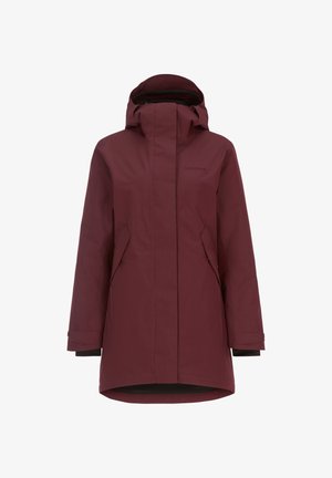 Bordeauxfarbene wasserdichte Jacke mit einem Reißverschluss vorne, verstellbarer Kapuze und zwei Seitentaschen. Sie hat einen mittellangen Schnitt und elastische Bündchen.