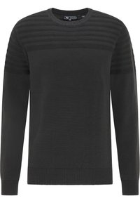 Schwarzer Pullover mit Rundhalsausschnitt, strukturierten horizontalen Streifen über der Brust und den Ärmeln sowie gerippten Bündchen und Saum.